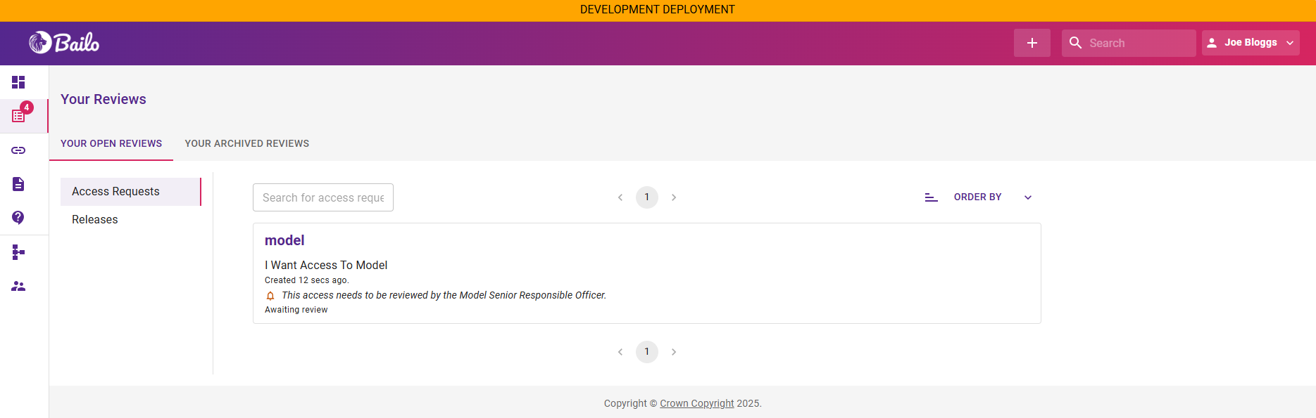 open access requests reviews page with a unreviewed request