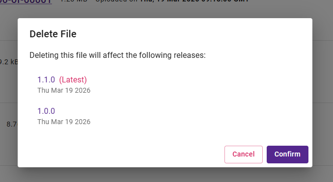 delete file confirmation dialog showing affected releases