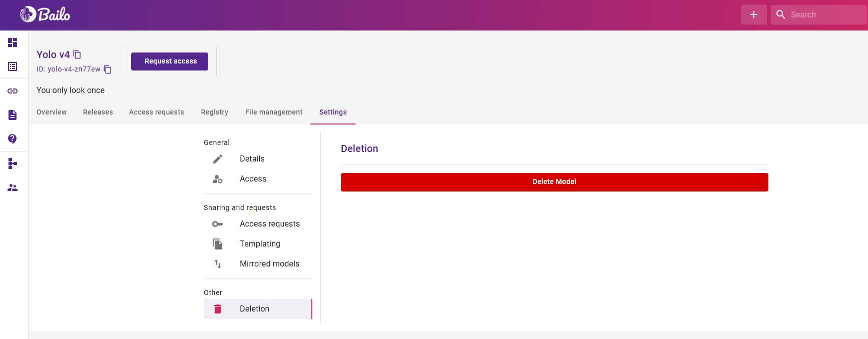 model settings deletion section