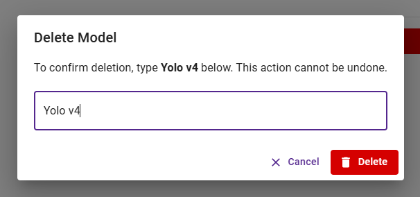 delete model confirmation dialog
