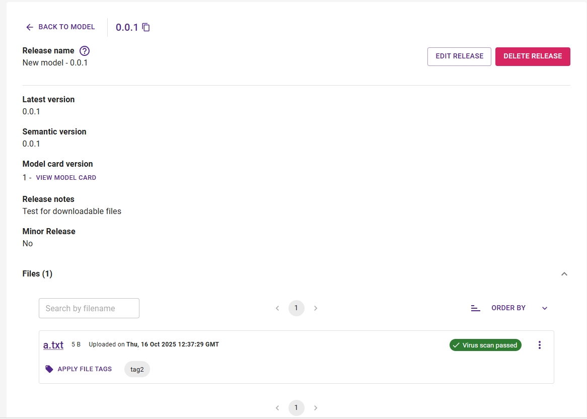 view of specific release with the clickable file download link