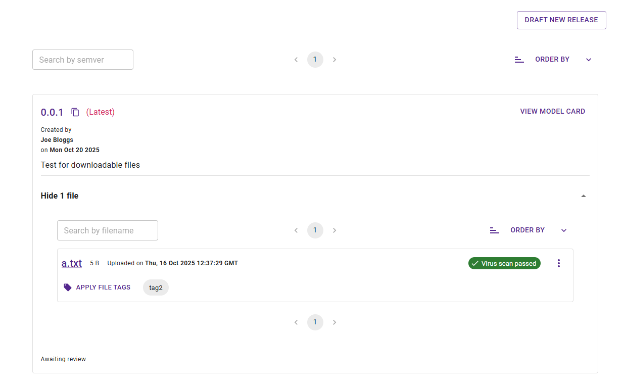 view of releases with the clickable file download link