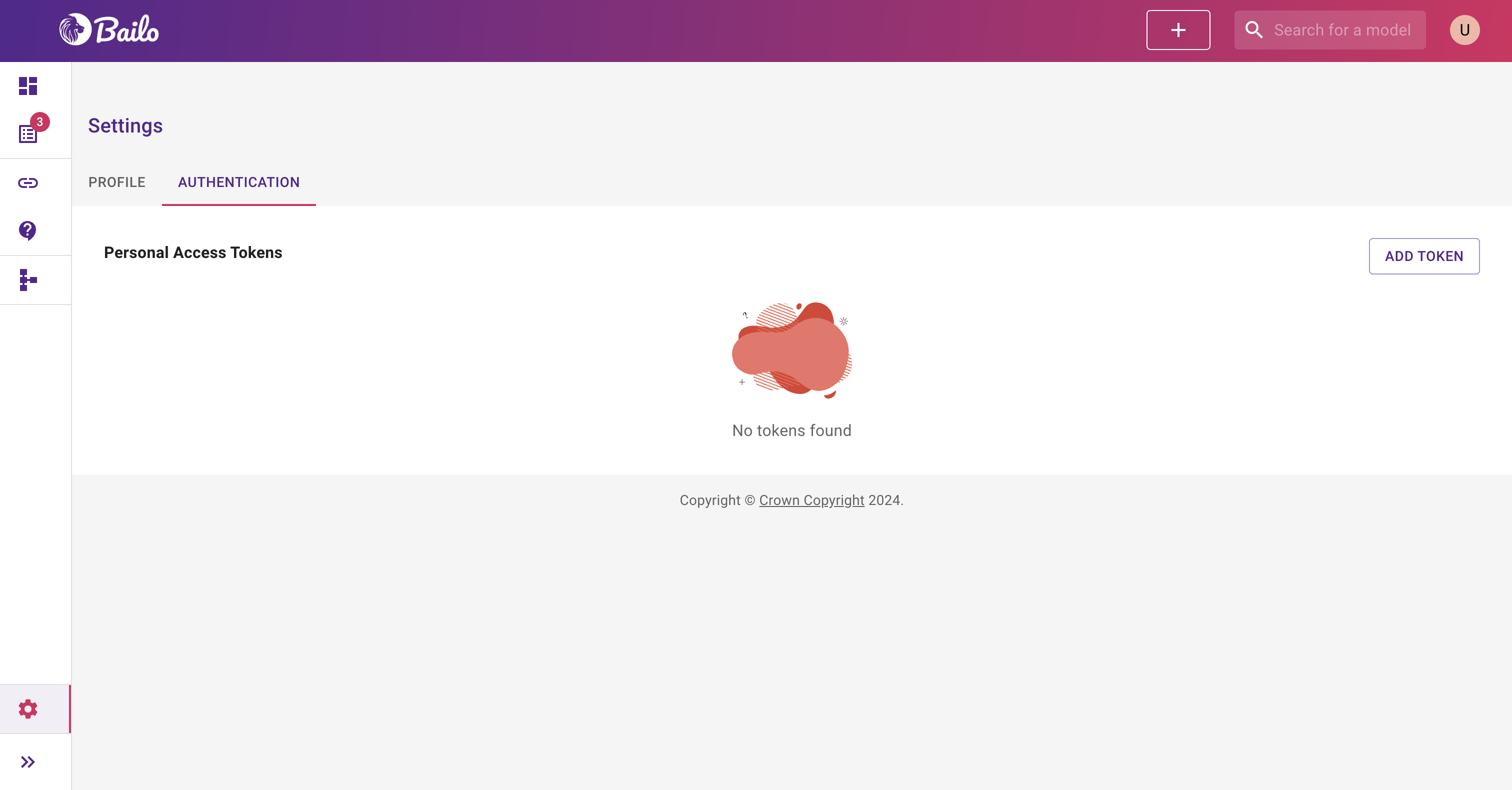Authentication tab listing personal access tokens and add token button