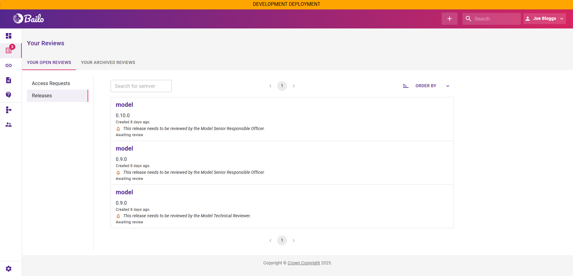 open release reviews page with a list of unreviewed releases