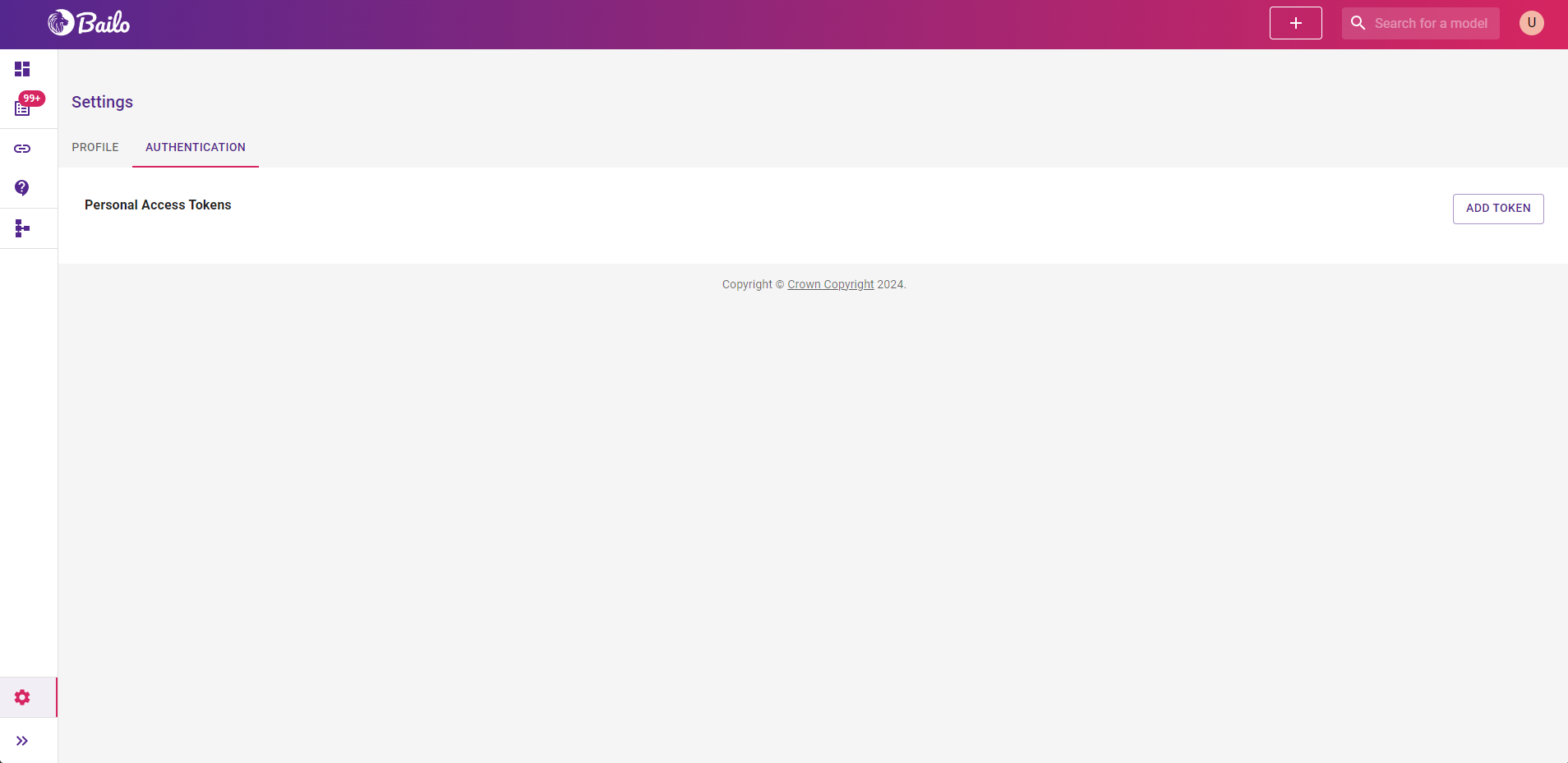 Authentication tab listing personal access tokens and add token button