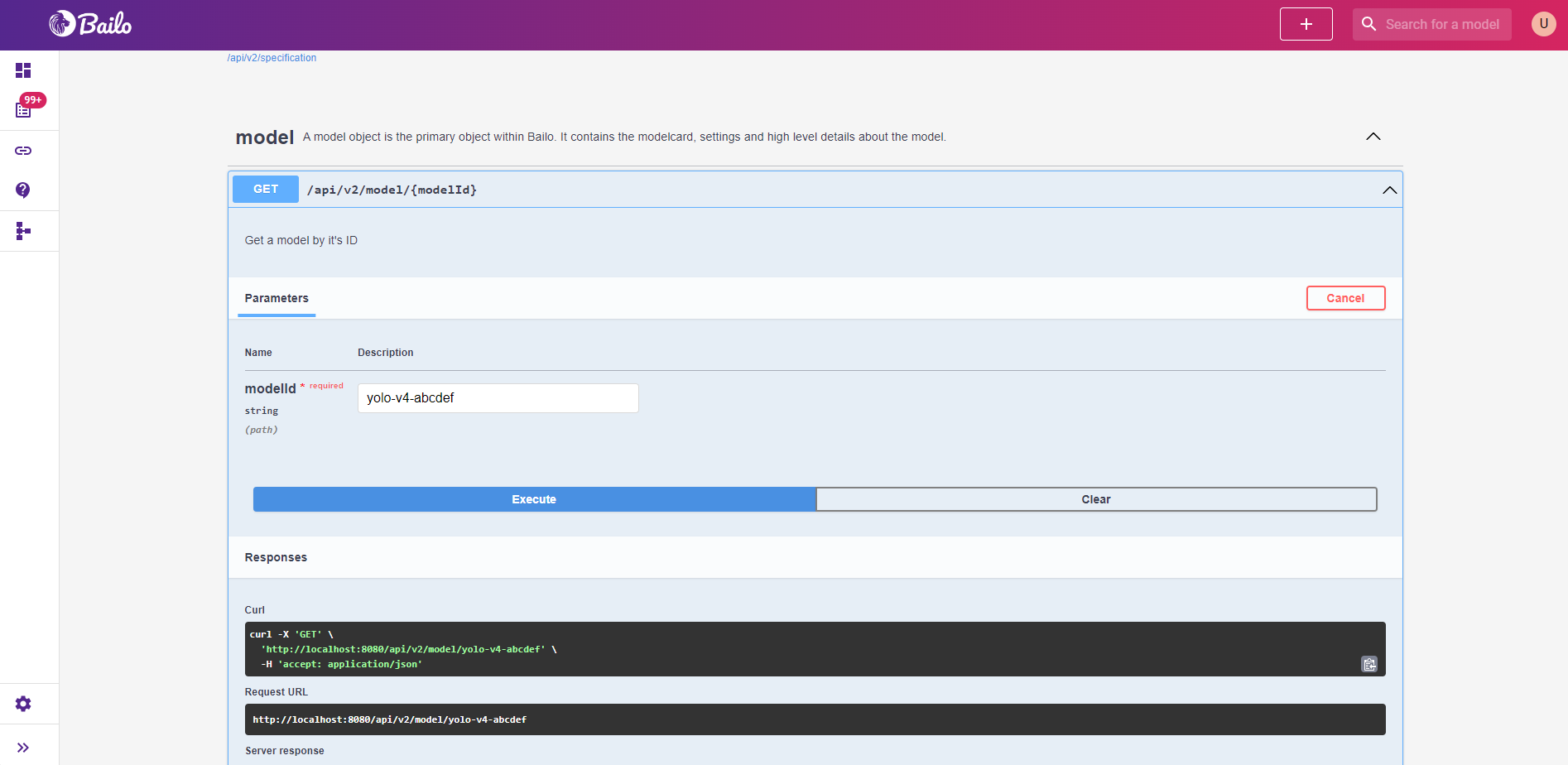 open api documentation page with example request parameters