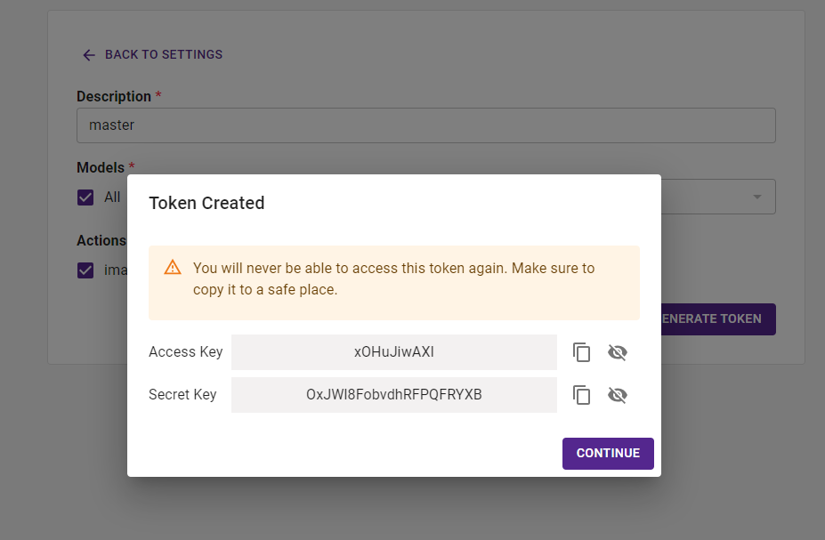 popup confirming token creation