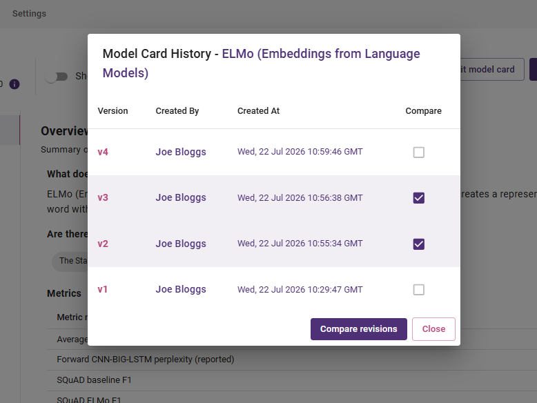 selecting two model card versions to compare
