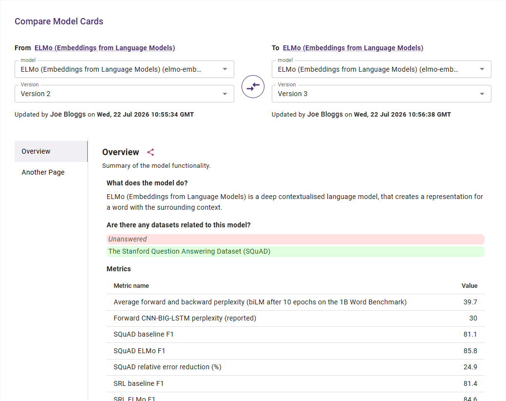 model card comparison page showing differences between two model cards