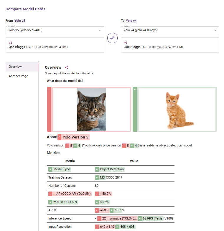 model card comparison page showing differences between two model cards